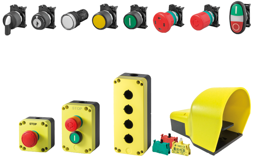 přepínač na stroj, signálka, stop tlačítko, nožní spínač, kontaktní blok přepínač na stroj, signálka, stop tlačítko, nožní spínač, kontaktní blok